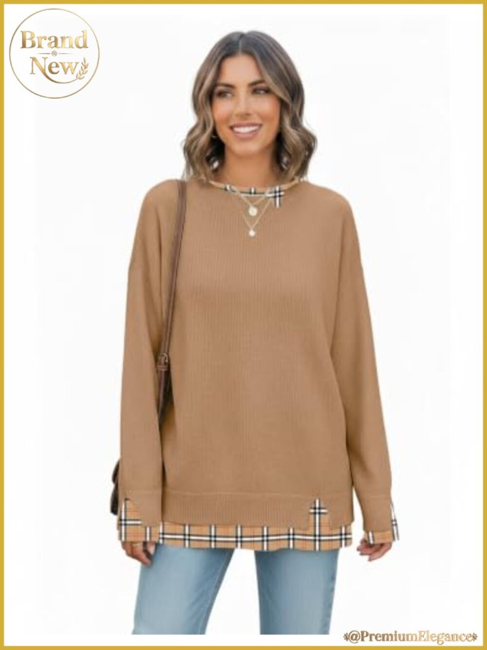 Oversized Patchwork Sweater for Women Crew Neck Long Sleeve Fall Winter Pullover - Picture 3 of 5